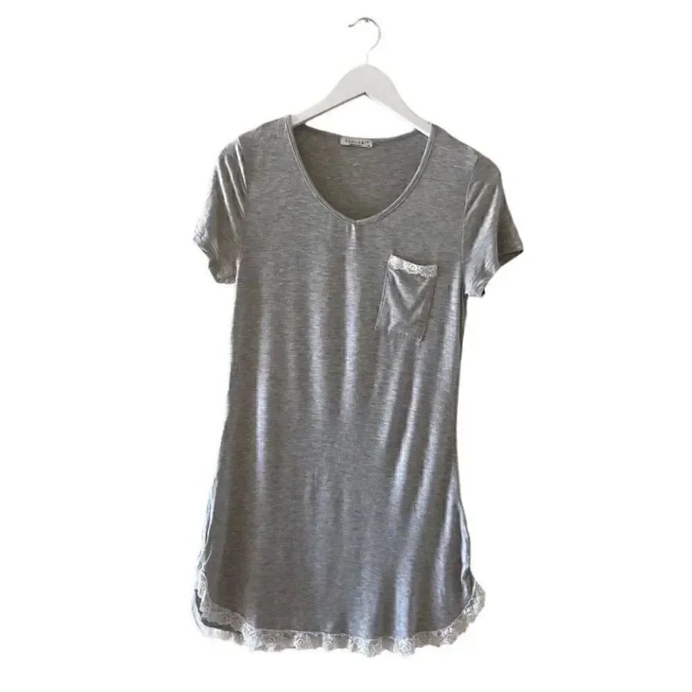 Ekouaer Gray V-neck Soft Lace Embroidered Hem Short Sleeves Sleep Dress SZ XS